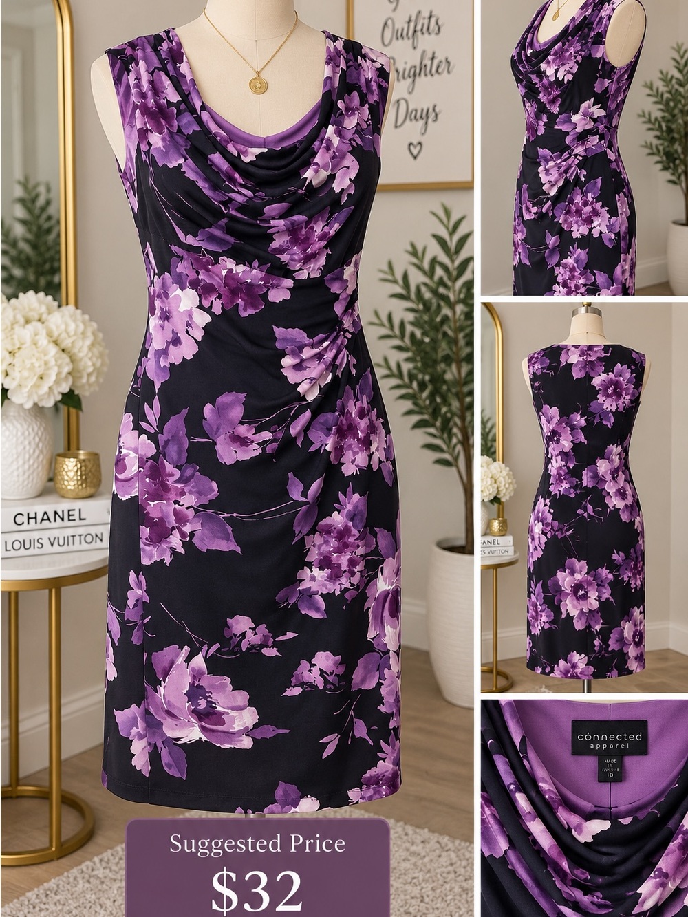 connected apparel Black and Purple Floral Cowl Neck Midi Dress